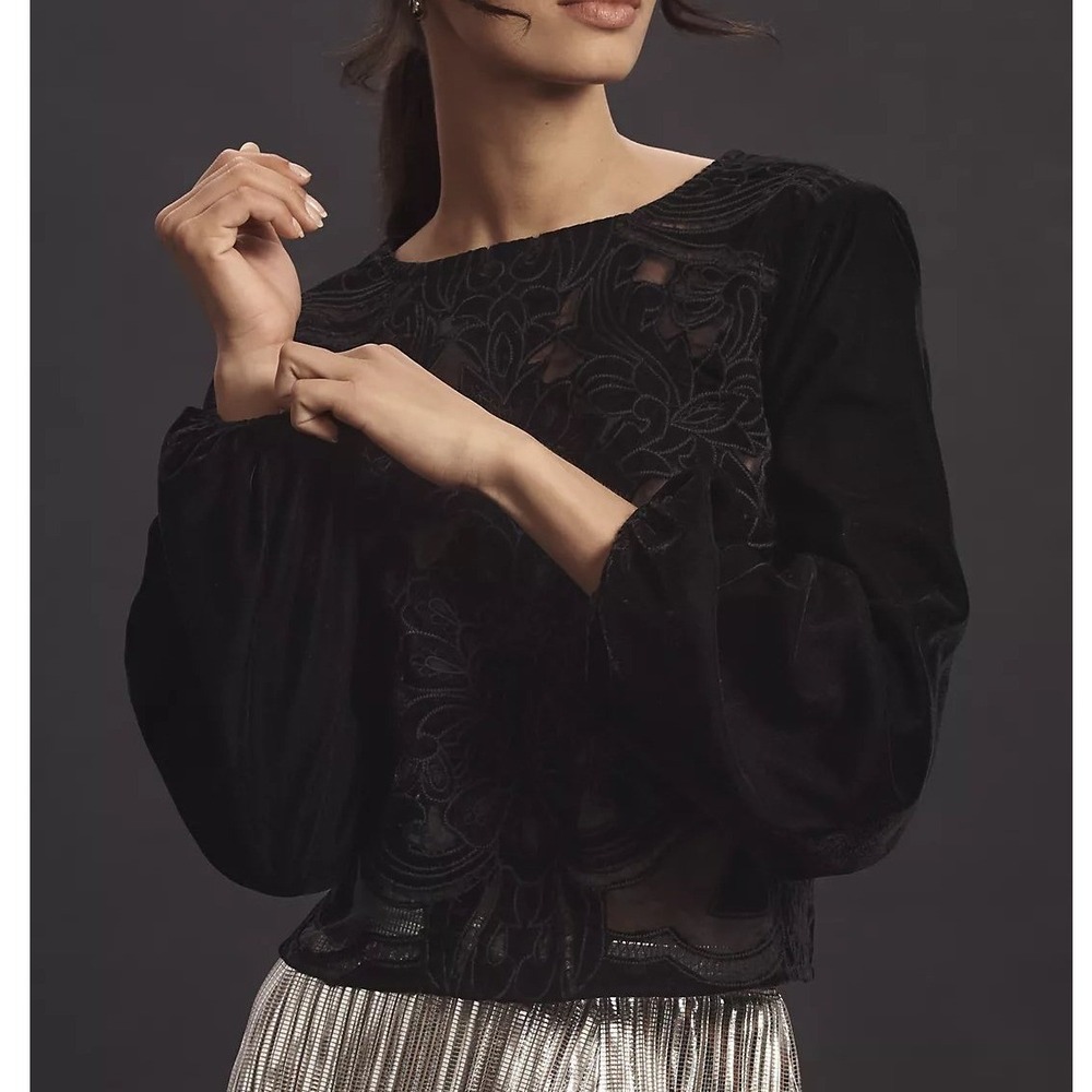 Anthropologie Lainie Black Velvet Embroidered Lace Cut Out Tie Back Blouse M